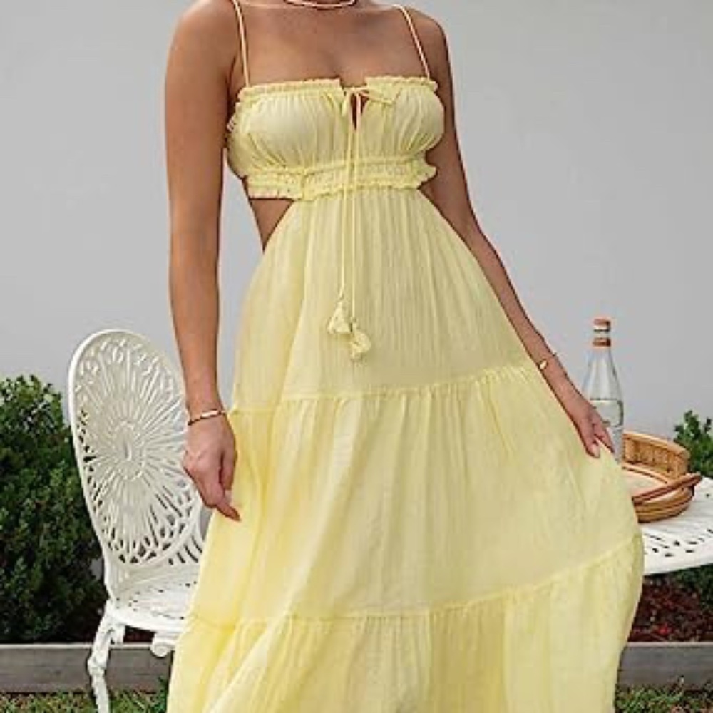 Yellow Spaghetti Strap Low Cut Dress Long Dress Sleeveless Backless Maxi